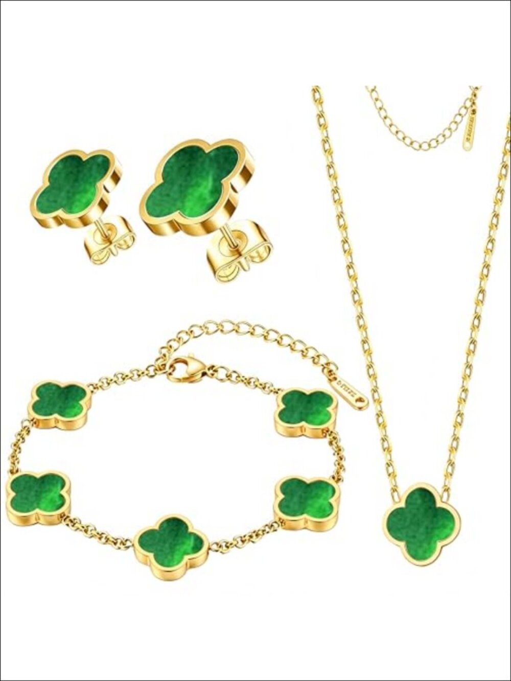 18K Gold Plated Stainless Steel Clover Necklace Bracelet Earrings Set
